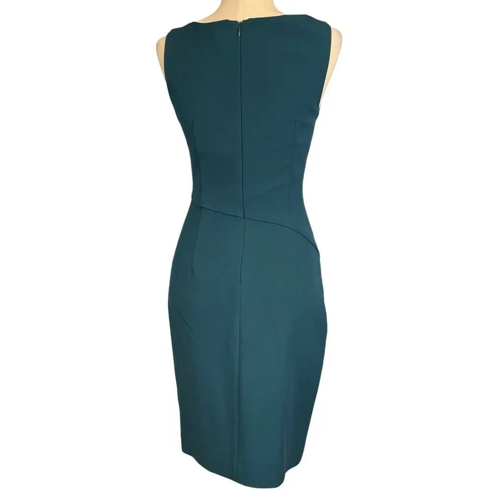 Halston Heritage Sleeveless Folded Neckline Teal Blue Lined Sheath Dress Size 2